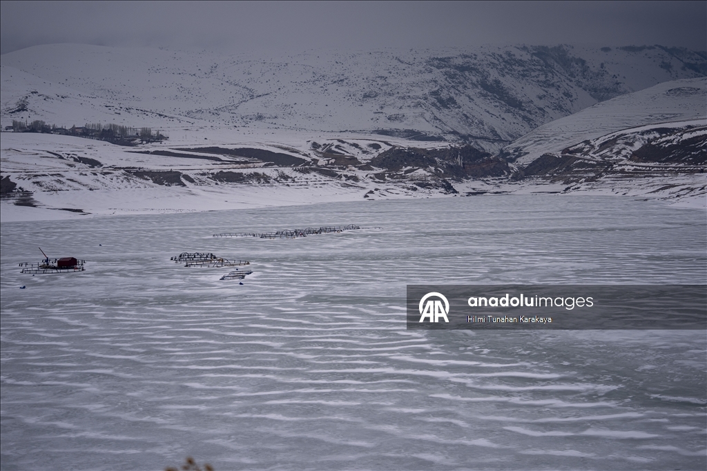 Demirdoven Dam in Erzurum frozen due to cold weather