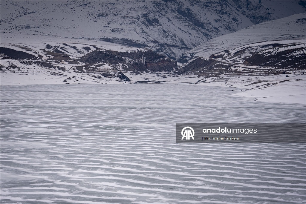 Demirdoven Dam in Erzurum frozen due to cold weather