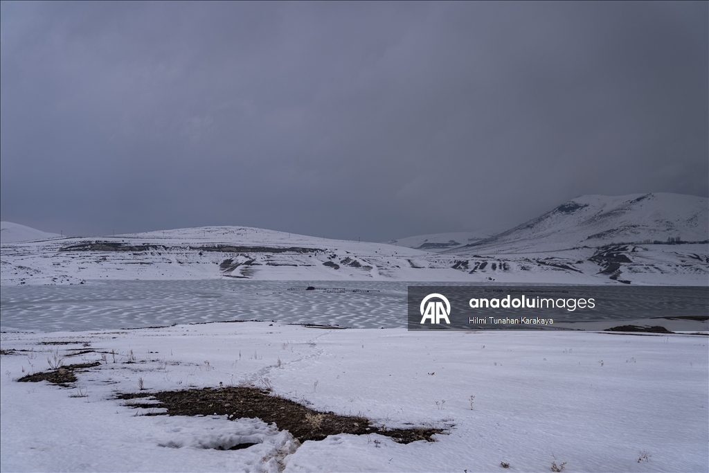 Demirdoven Dam in Erzurum frozen due to cold weather