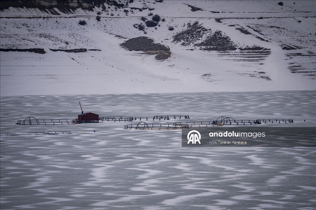 Demirdoven Dam in Erzurum frozen due to cold weather