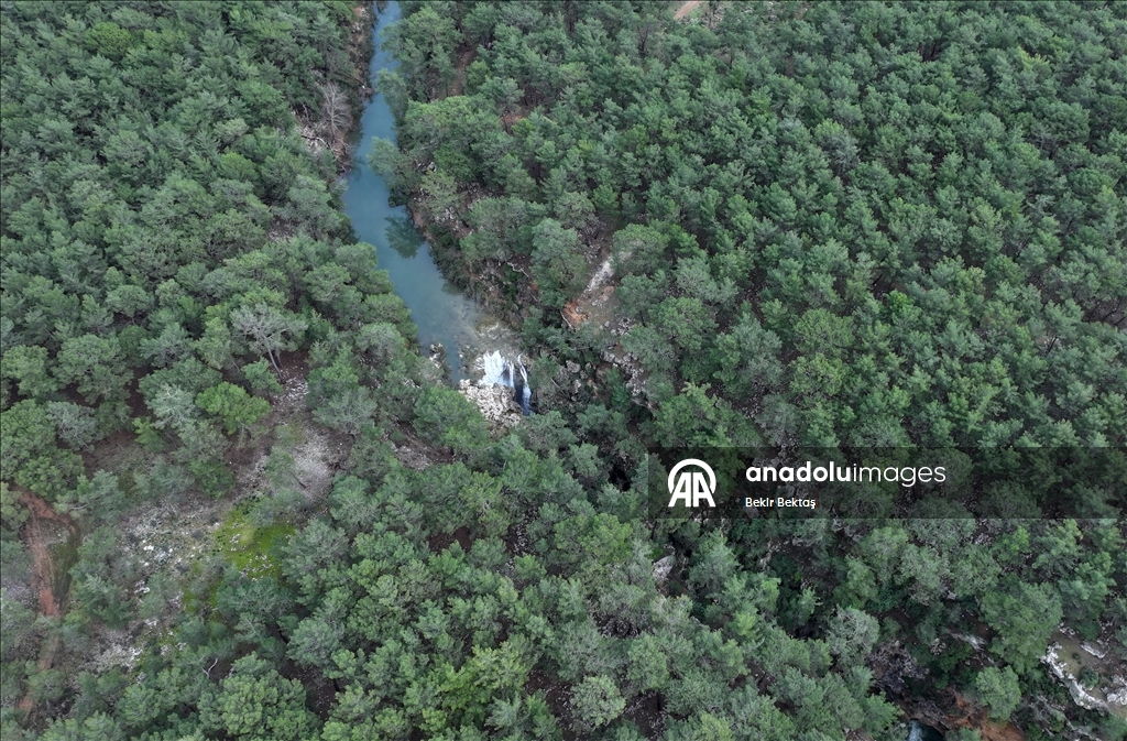Şelaleya Guverê ya Antalyayê bi ava berf û baranê cardin gur bû