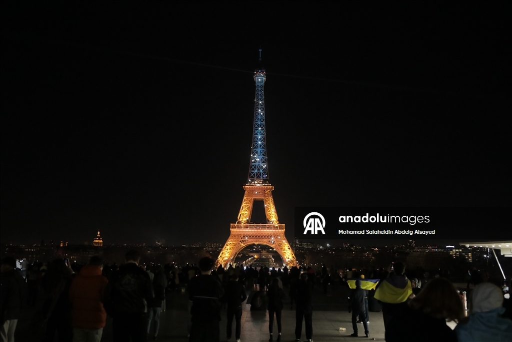 Eiffel Tower is illuminated in Ukrainian flag colors