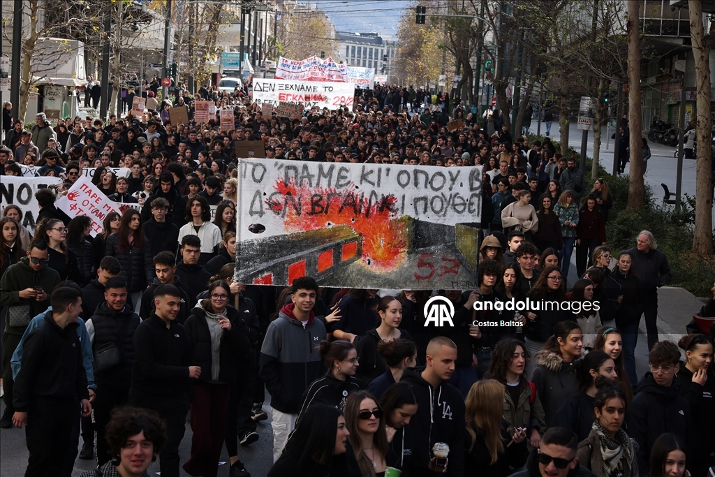 Students in Athens rally to mark the third anniversary of Tempi railway collision