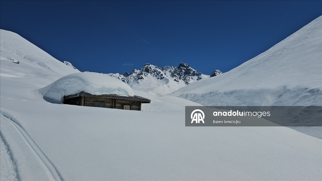 Rize'de karlar altında kalan yayla evleri havadan görüntülendi