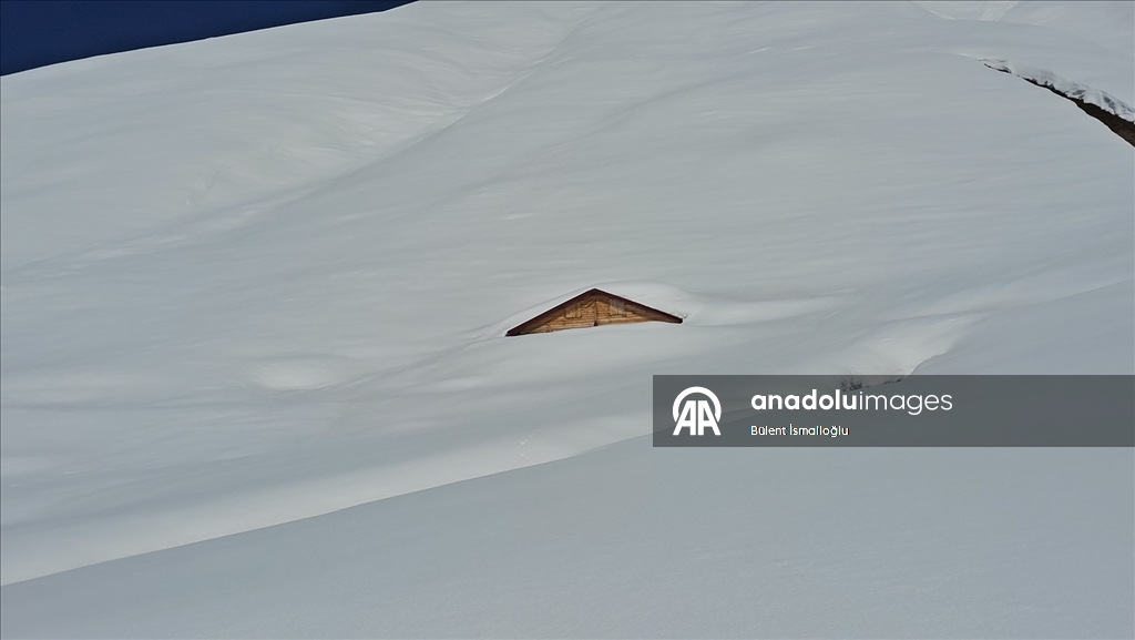 Rize'de karlar altında kalan yayla evleri havadan görüntülendi