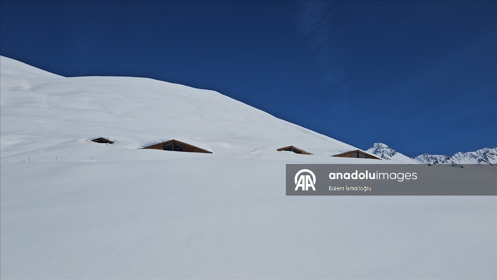 Rize'de karlar altında kalan yayla evleri havadan görüntülendi