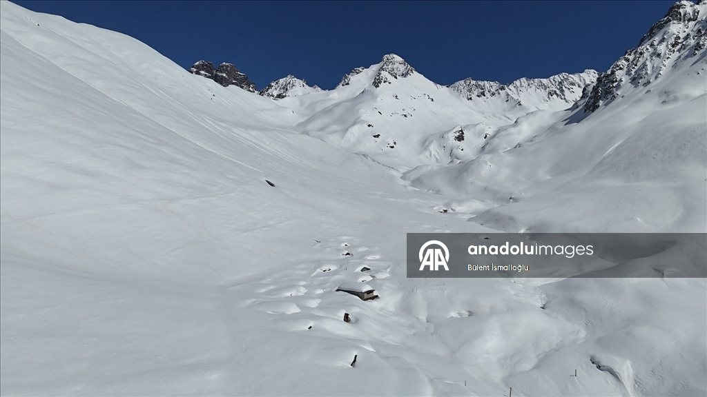 Rize'de karlar altında kalan yayla evleri havadan görüntülendi